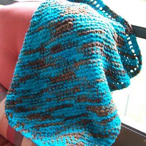 Hand Crafted Baby Blanket Hat Set Turquoise Blue Brown Chunky Swaddle